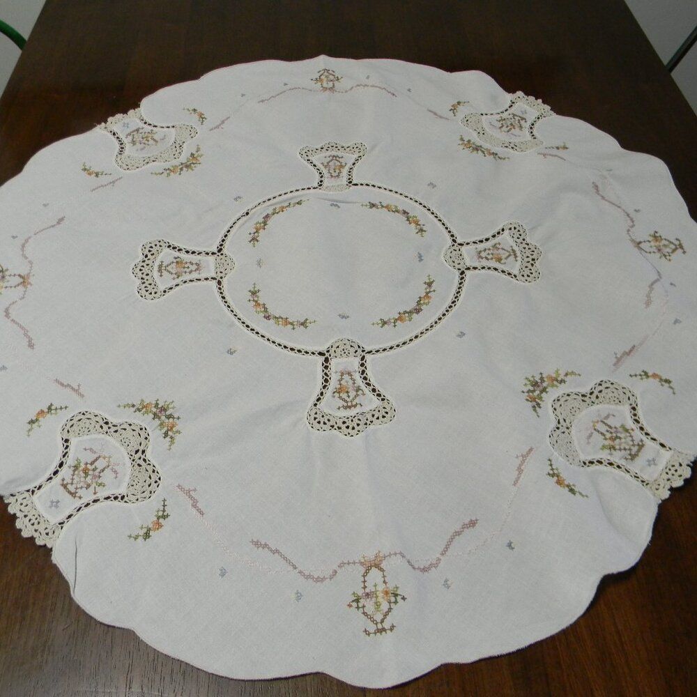 Vintage Handmade Cross Stitch Crochet Doily Tablecloth Floral Basket White Round